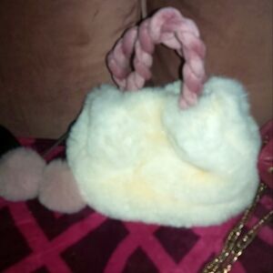 White Fur Handbag Pink Handles